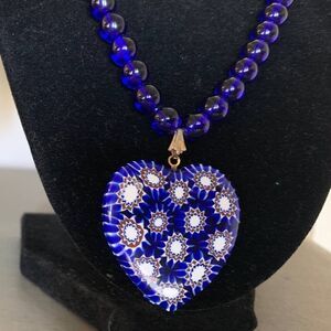 Stunning Blue Venetian Glass Necklace and Earrings Set, Vintage